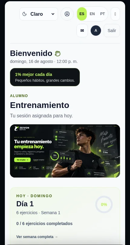 Pantalla del alumno mostrando el entrenamiento de hoy con sus ejercicios