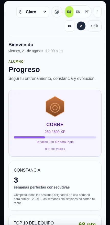 Pantalla del alumno mostrando su nivel y progreso