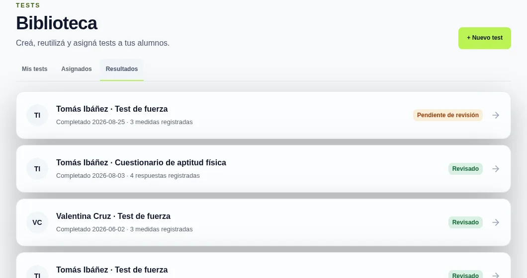 Pantalla real de ZEIVON con resultados de Tests asignados a alumnos